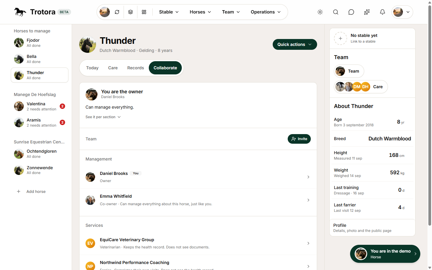 Collaboration: roles and permissions around the same horse, from co-owner to vet.